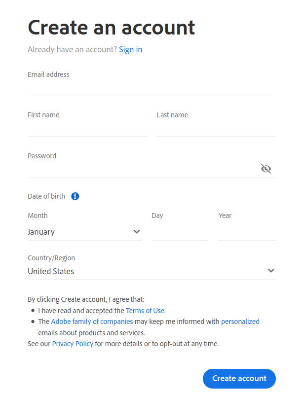 Adobe account registration